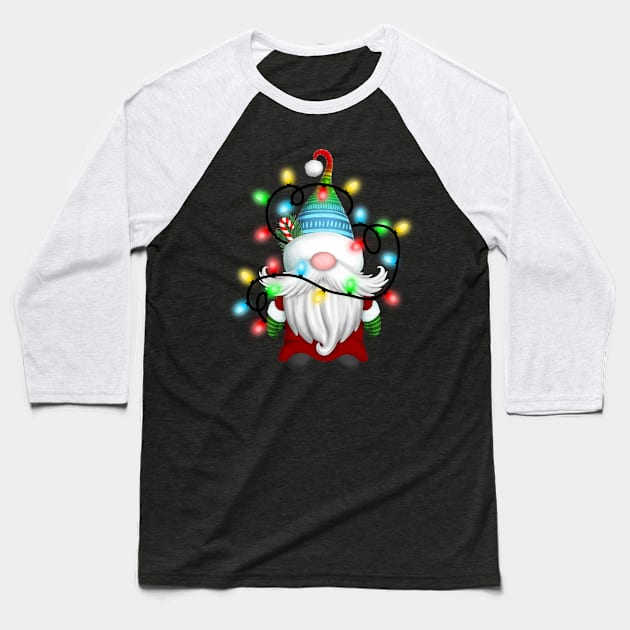 Gnome Wrapped in Christmas Lights Baseball T-Shirt by Imp's Dog House